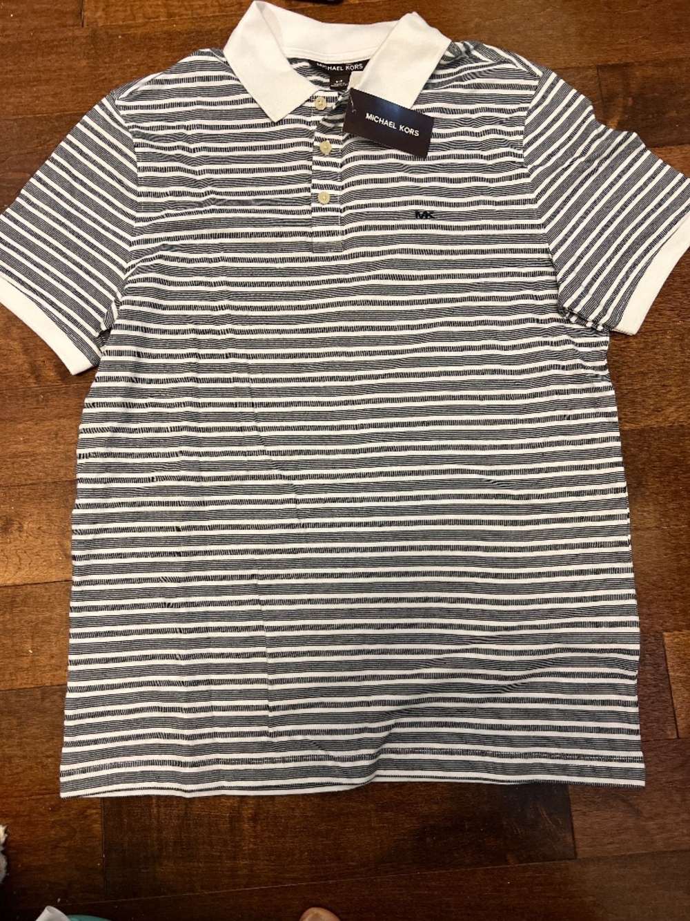 Michael Kors Men's White and Navy Striped Polo Shirt